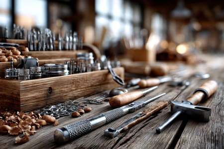 Various vintage tools and nutshells lay scattered on a wooden workbenchの写真素材
