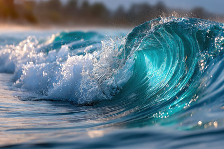 A turquoise ocean wave curls and crests with sparkling droplets of waterの写真素材