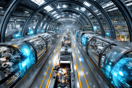 A futuristic factory interior with robotic arms and digital displays on assembly linesの写真素材