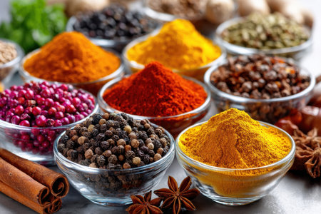 Various colorful spices and herbs displayed in small glass bowlsの写真素材