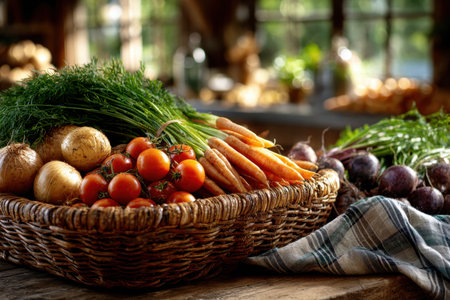 Freshly picked vegetables arranged in a wicker basket on a wooden tableの写真素材