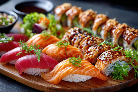 A platter of assorted sushi, including rolls and nigiri, is displayed on a wooden boardの写真素材