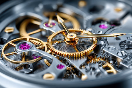 Closeup of the intricate mechanical parts inside a watchの写真素材