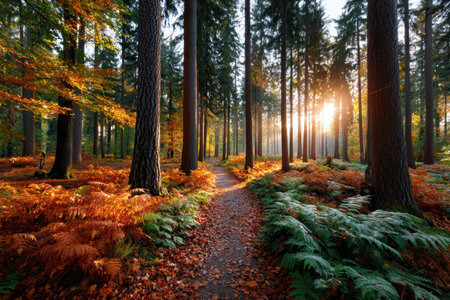 A forest path winds through colorful autumn foliage at sunriseの写真素材