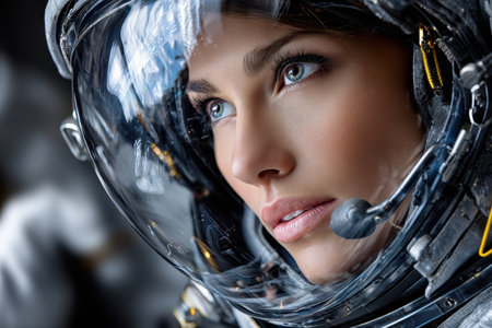 Close-up of a woman in a space helmet, focused and ready for her upcoming mission at a training center.の写真素材