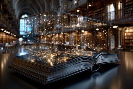 A magical book hovers above a table, emanating golden lights in a grand library filled with shelves.の写真素材