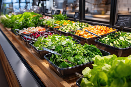 A vibrant array of mixed greens and colorful vegetables is displayed attractively at a salad bar, inviting diners.の写真素材