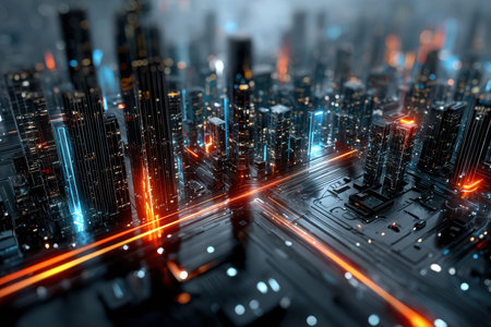 A futuristic cityscape at night with glowing lights and circuitryの写真素材