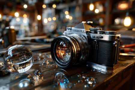 A vintage camera and a crystal ball sit on a wet wooden tableの写真素材