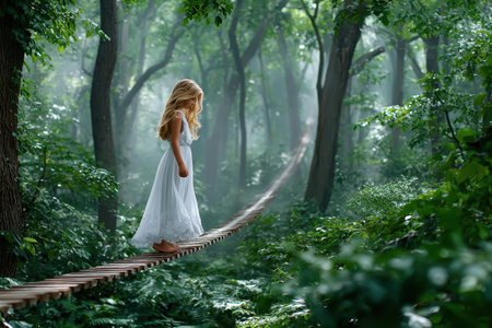 A girl with long hair is cautiously walking along a narrow wooden bridge amidst a vibrant green forest.の写真素材