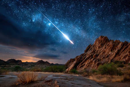 A meteor streaks across a starry night sky over a desert mountain landscapeの写真素材