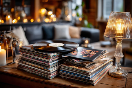A stack of vintage vinyl records in a cozy living room, under soft lamp lightの写真素材