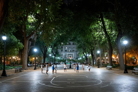 A lively group plays basketball at night in a well-lit park with vibrant trees and benches.の写真素材
