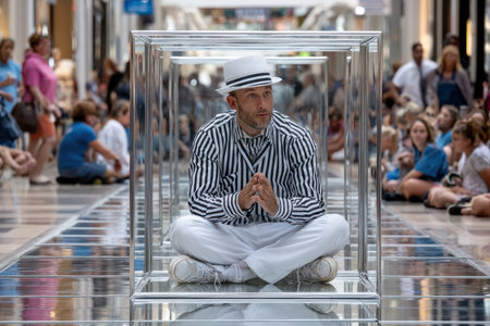 A street performer dressed in striped attire and a hat sits cross-legged in a glass box entertaining mall visitors.の写真素材