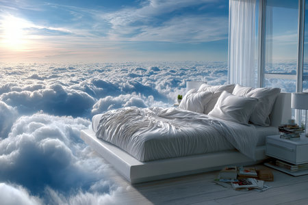 A serene bedroom overlooks fluffy clouds at sunrise, offering a peaceful and dreamlike experience.の写真素材