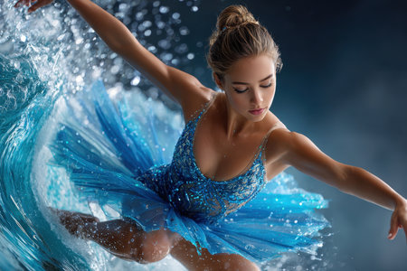 A talented dancer showcases her skill in a stunning blue costume as water splashes dramatically around her.の写真素材