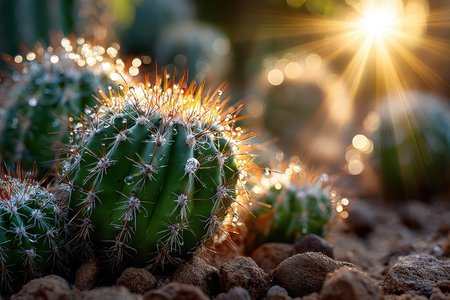 Close up of a dewy cactus in the morning sunの写真素材