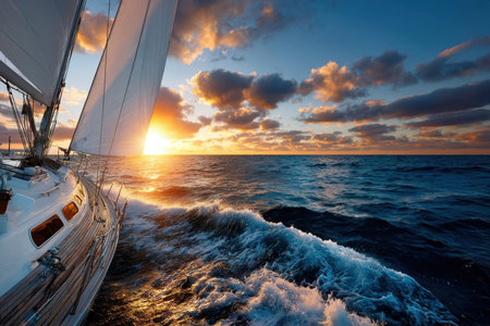 A sailboat navigates the ocean during a vibrant sunsetの写真素材