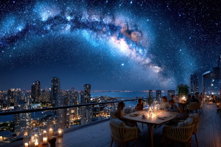 People enjoy a meal on a rooftop terrace while gazing at a vibrant night sky filled with stars.の写真素材