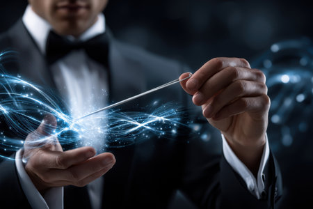 A magician creates dazzling light effects while wearing a formal tuxedo during a nighttime performance.の写真素材