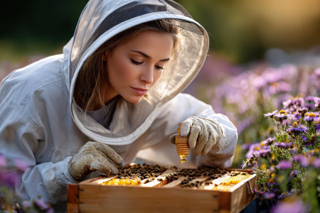 A woman in protective gear carefully collects honey from a beehive surrounded by colorful flowers.の写真素材
