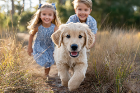 A golden retriever puppy runs towards the camera with two blurred children chasing behind itの写真素材
