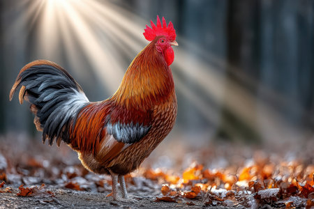 A vibrant rooster poses confidently on the ground covered in fallen leaves while sunlight streams through trees.の写真素材