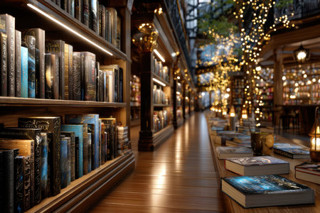 A cozy bookstore interior with bookshelves, fairy lights, and a warm ambianceの写真素材
