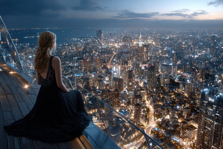 A woman in a black gown gazes over a vibrant city skyline filled with lights at twilight.の写真素材