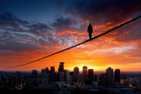 A person balances on a tightrope high above a city skyline during an impressive sunset, showing bravery.の写真素材