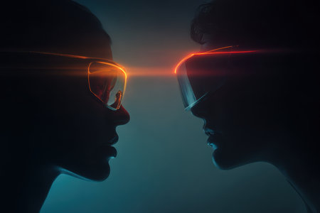Two people with futuristic glasses confront each other in a dark ambiance highlighted by colorful light streaks.の写真素材