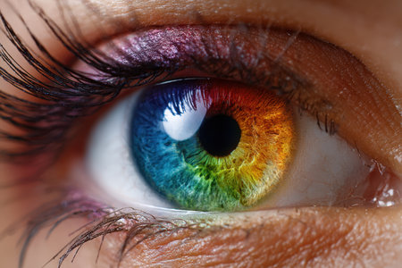 Brightly colored eye displays a mix of blue, green, and orange hues, surrounded by long eyelashes and delicate makeup.の写真素材