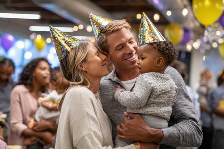 Family enjoys a festive party, wearing colorful hats and holding children amidst cheerful decorations and balloons.の写真素材