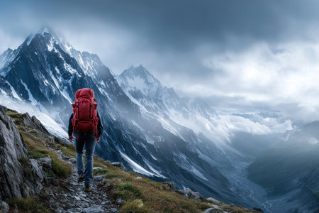 A person with a red backpack walks along a rocky path in a dramatic mountain landscape surrounded by clouds.の写真素材