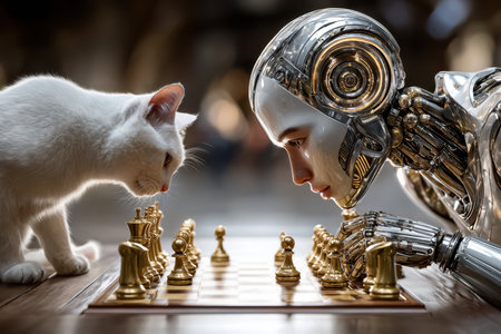 A robot and a cat face each other intently at a chessboard, surrounded by a modern environment.の写真素材
