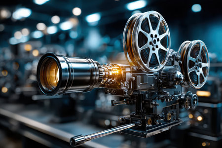 Cinematic equipment is showcased in a film studio, highlighting a vintage camera's intricate design and functionality.の写真素材