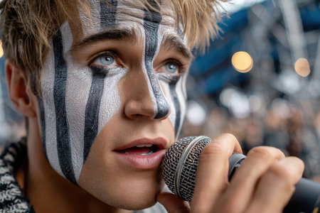 A young performer with artistic face paint captivates the audience while singing at an outdoor music festival.の写真素材