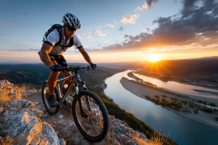 Mountain biker navigates rocky terrain while appreciating a stunning sunset over a winding river below.の写真素材