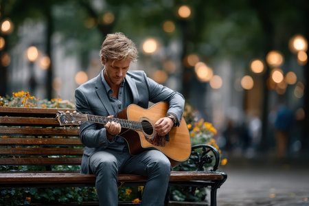 A musician in a suit plays an acoustic guitar on a bench in a city park filled with flowers and soft lights.の写真素材