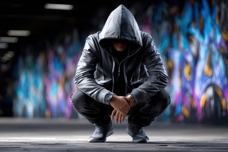 A person in a black hoodie and leather jacket is crouching in a vibrant alleyway filled with graffiti.の写真素材