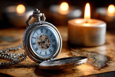 An antique pocket watch lying on a vintage map, lit by soft candlelight, captured through a macro lens, evoking a sense of nostalgia and adventureの写真素材