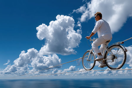 A cyclist skillfully rides on a narrow rope suspended over the ocean, surrounded by fluffy clouds.の写真素材