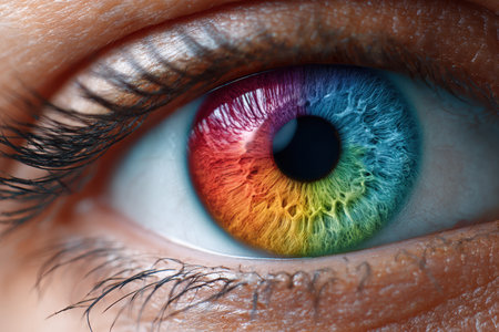 Close-up of an eye displaying a stunning gradient of colors, highlighting unique textures and details in the iris.の写真素材