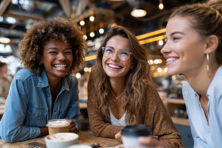 Three friends share joyful moments over coffee in a warm cafe, capturing laughter and friendship.の写真素材