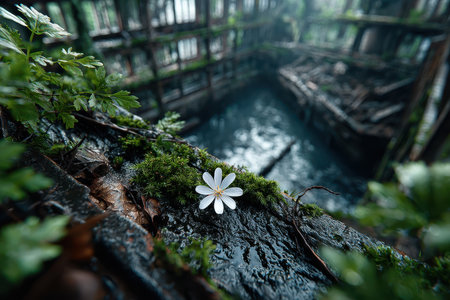 A single white flower grows on a moss-covered beam in a derelict, flooded building. The scene evokes a sense of quiet beauty amidst decay and abandonment.の写真素材