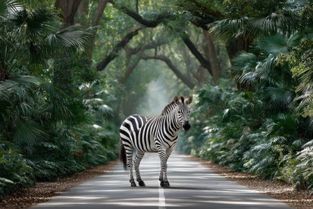 A zebra pauses in the middle of a road lined with vibrant tropical foliage during daylight hours.の写真素材