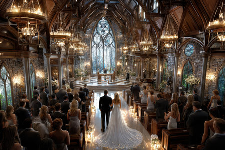 Couple stands in front of guests inside a stunning Gothic church filled with candles and floral decorations.の写真素材