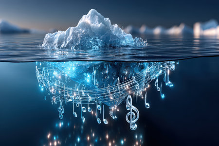 An iceberg drifts serenely while brilliant musical notes emerge from beneath the surface at twilight.の写真素材