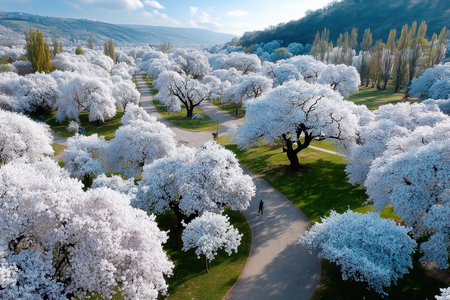 Aerial view of a park with cherry blossom trees in full bloomの写真素材