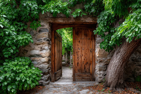 An open wooden door in a stone wall covered with ivy leads to a garden pathの写真素材